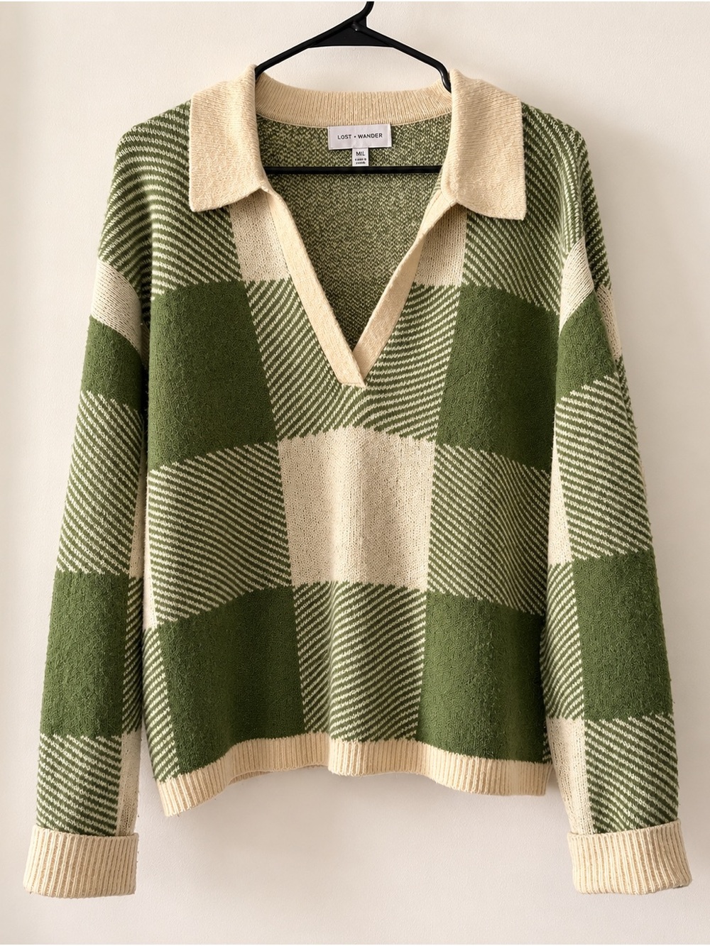 Lost + Wander Green & Cream Plaid Collared Sweater M/L